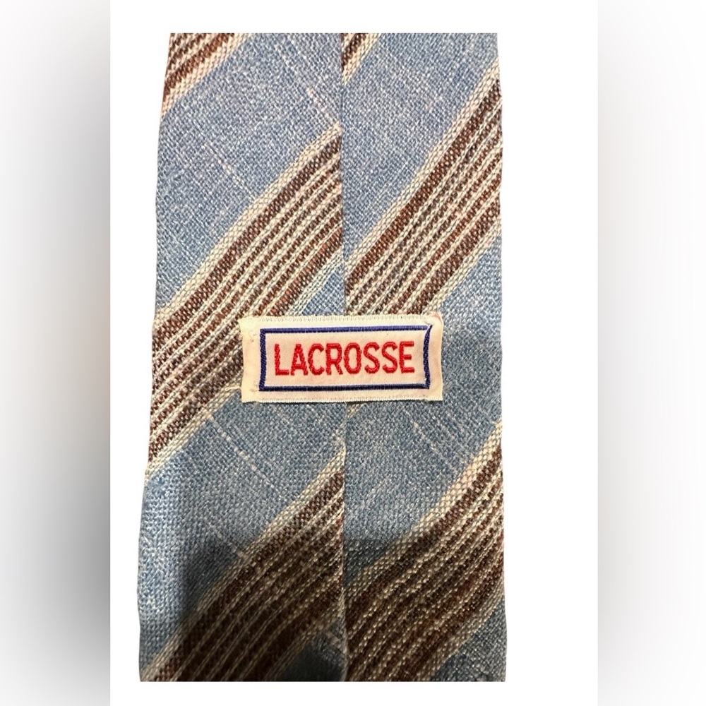 Vintage Lacrosse Woven Striped Tie Blue Brown Beige 3.5” Wide 56” Length Retro - Picture 5 of 10